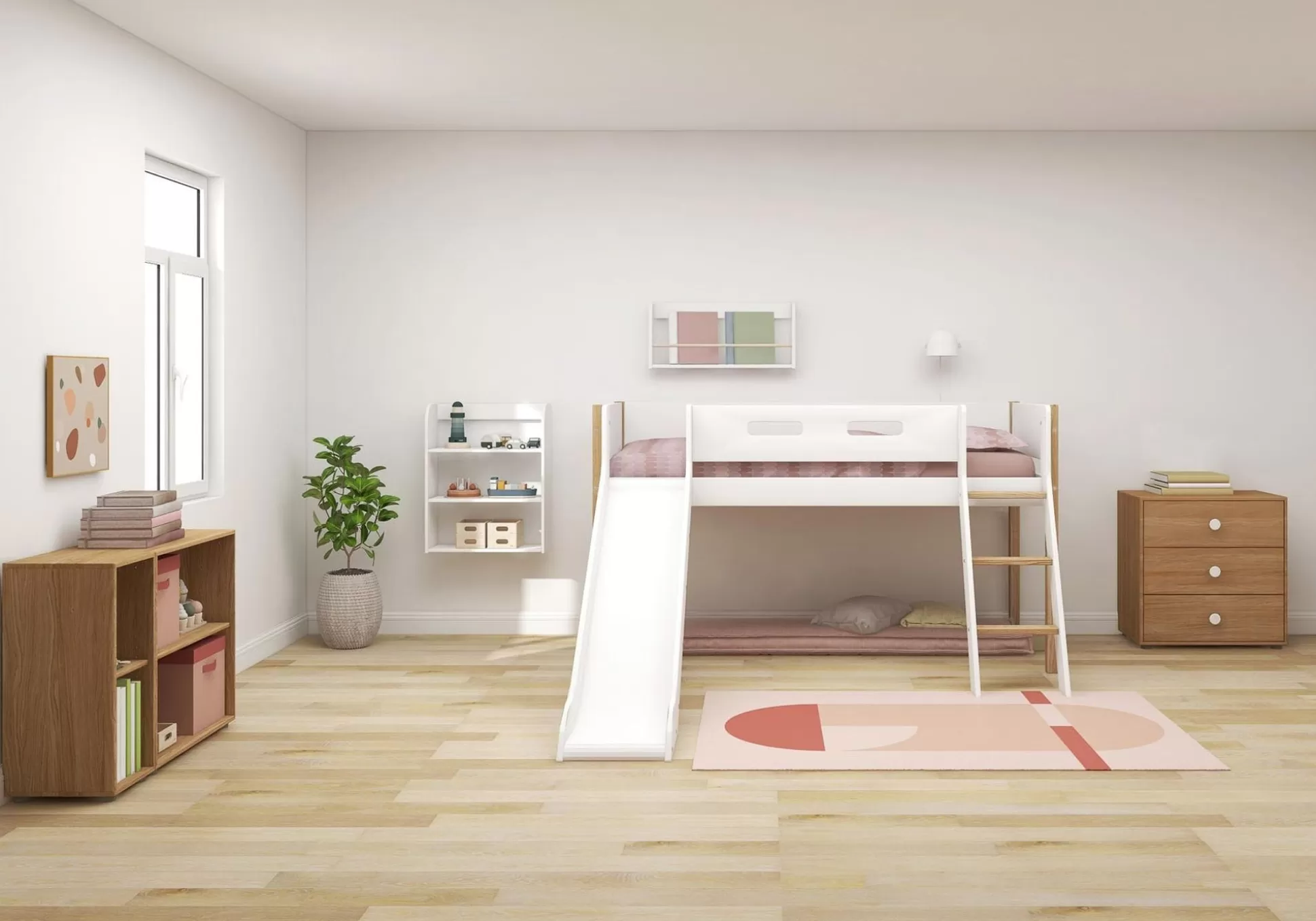 FLEXA Bedden Met Glijbaan>Halfhoogslaper M. Glijbaan White/Oak