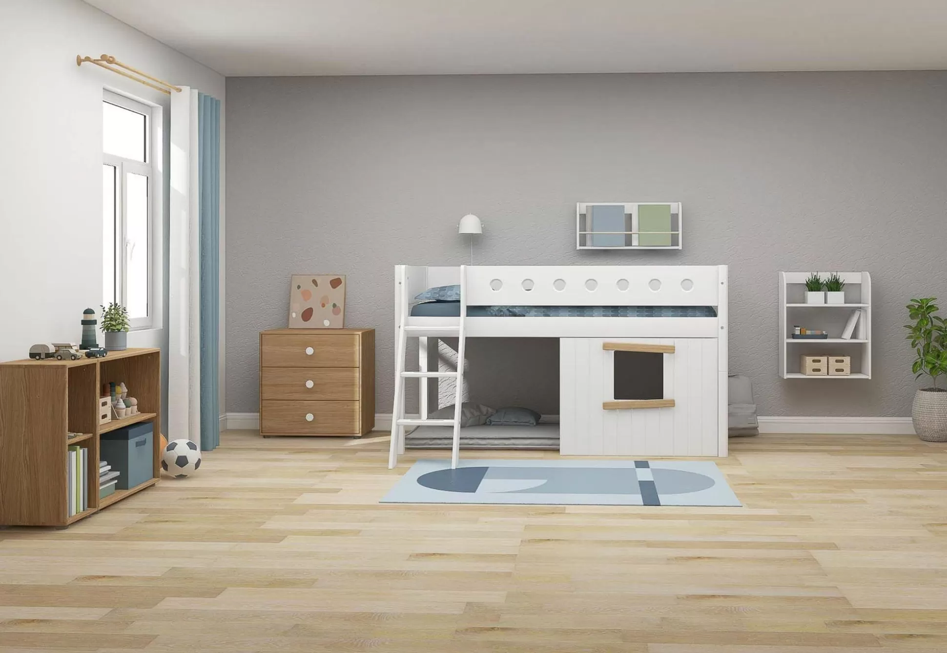 FLEXA Huisbedden>Halfhoogslaper, Schuine Ladder En Boomhut Bedfronten, Eiken Frame White/Oak