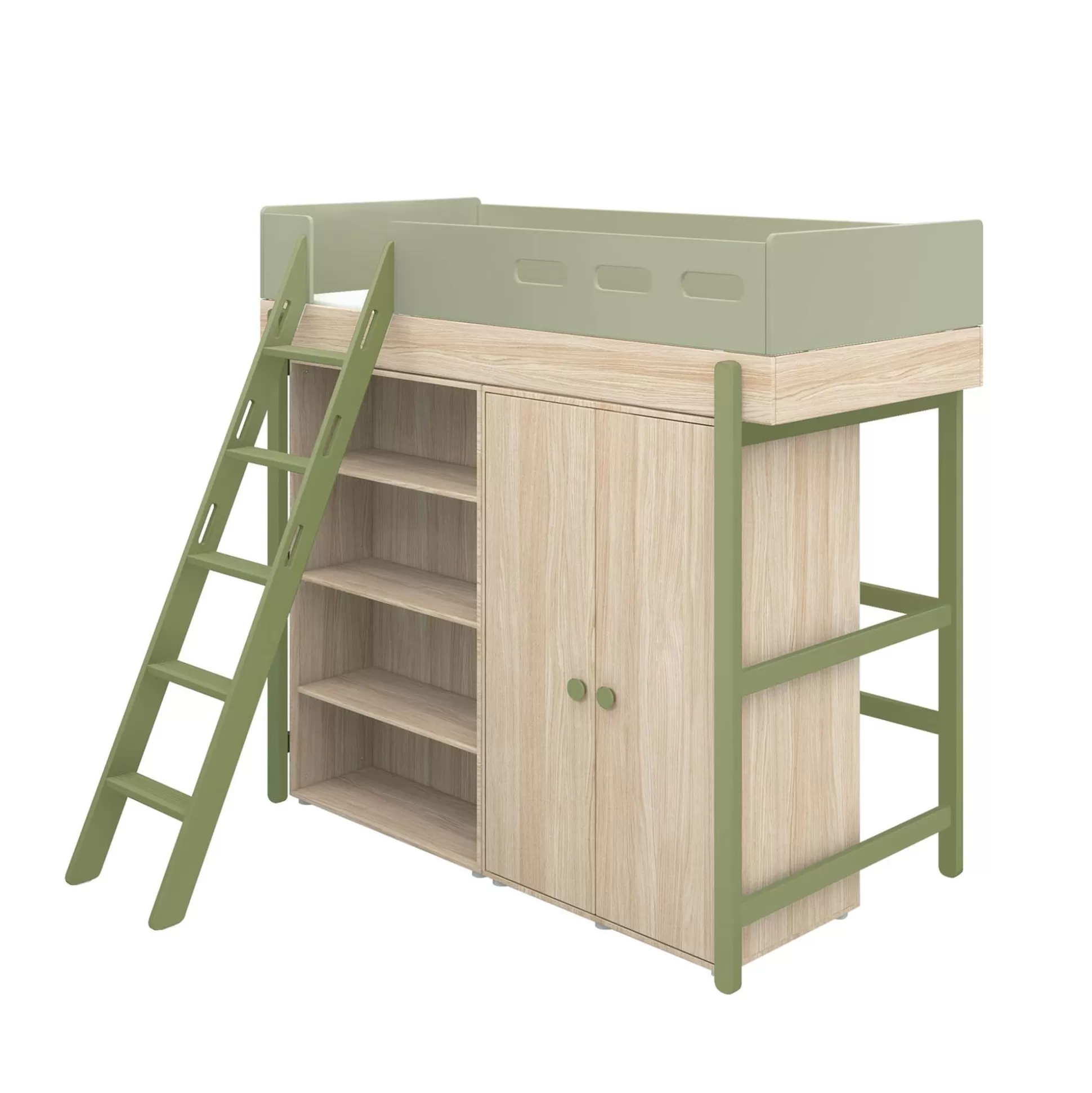 FLEXA Hoogslapers>Hoogslaper M. Schuine Ladder En Opbergruimte Kiwi/Oak