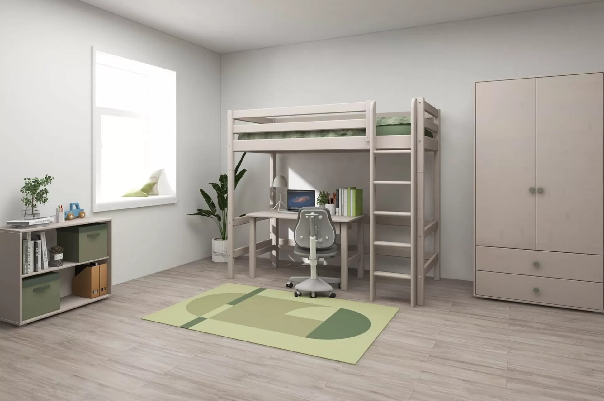 FLEXA 90X200>Hoogslaper Met Rechte Ladder Grey Washed Pine