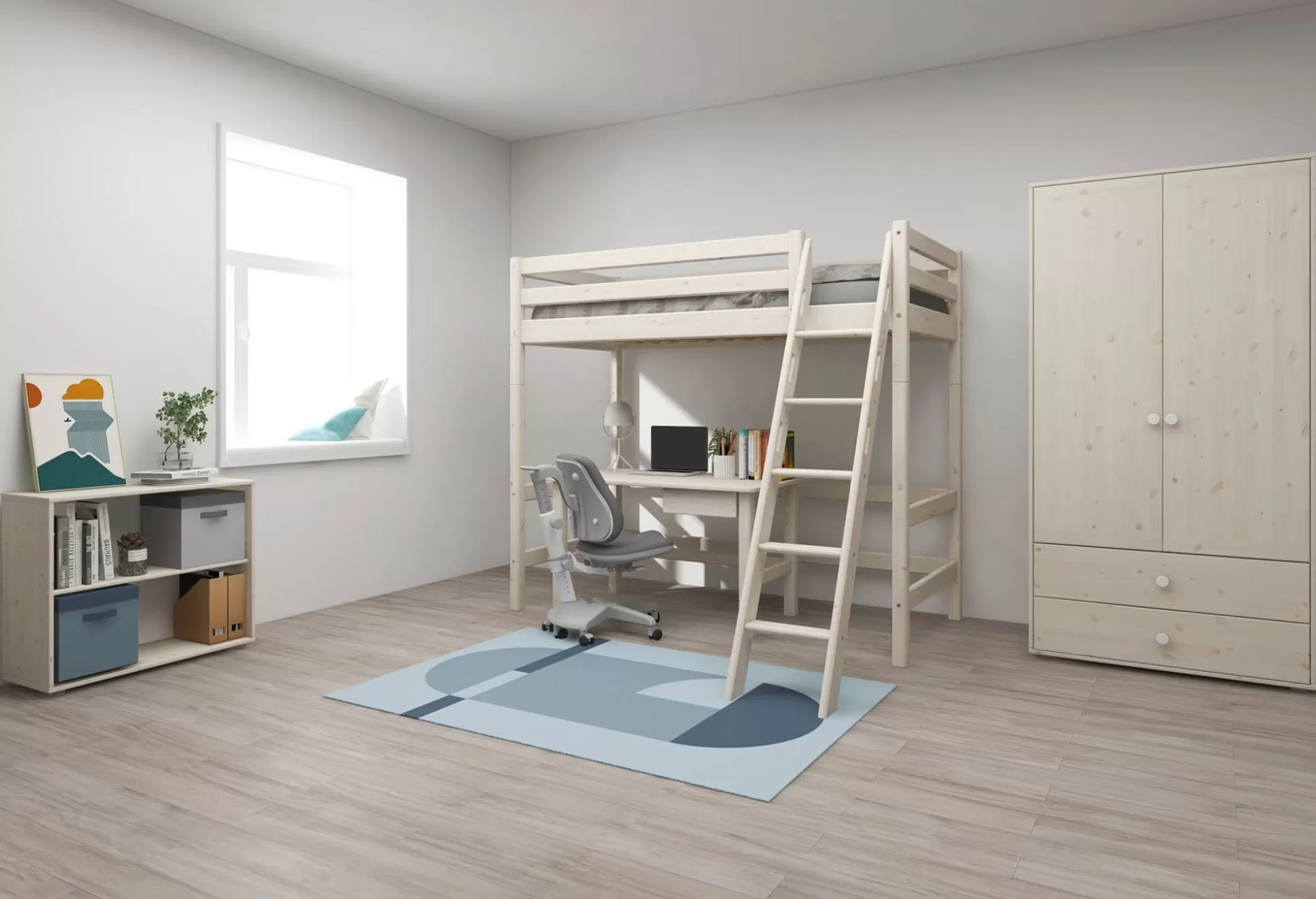 FLEXA Hoogslapers>Hoogslaper Met Schuine Ladder White Washed Pine