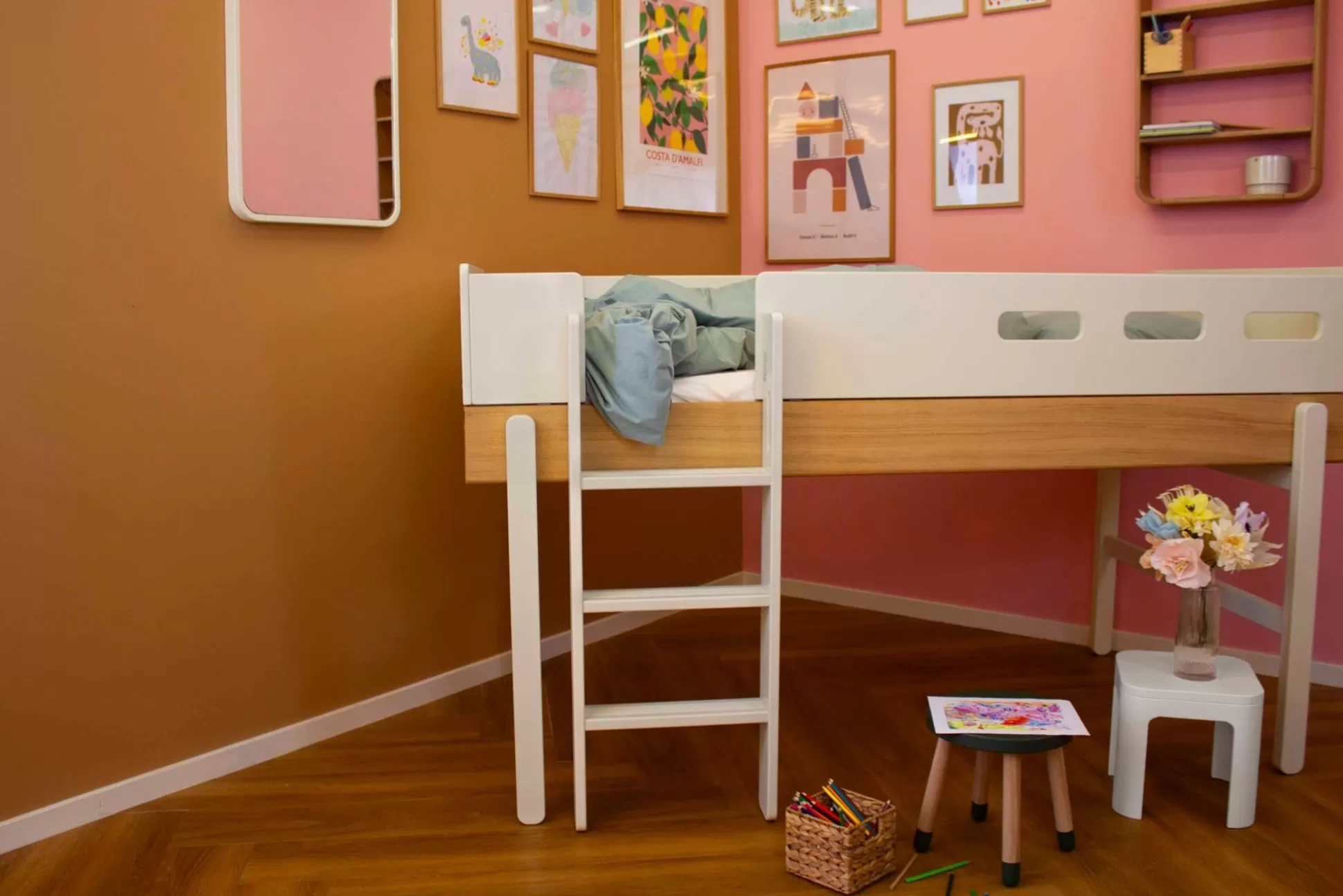FLEXA Halfhoogslapers>Mid-High Bed With Straight Ladder Cream Oak/Cream